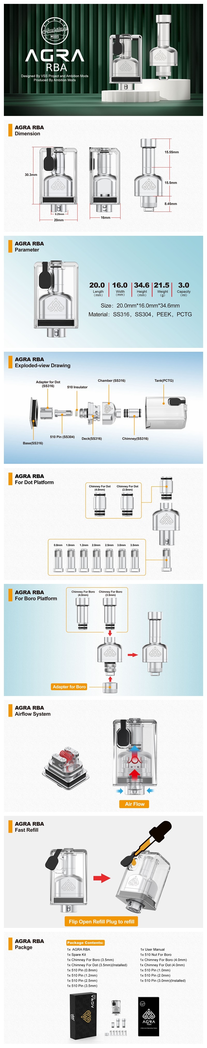 Authentic Ambition Mods AGRA RBA Tank for Boro / Billet / dotAIO Box Mod